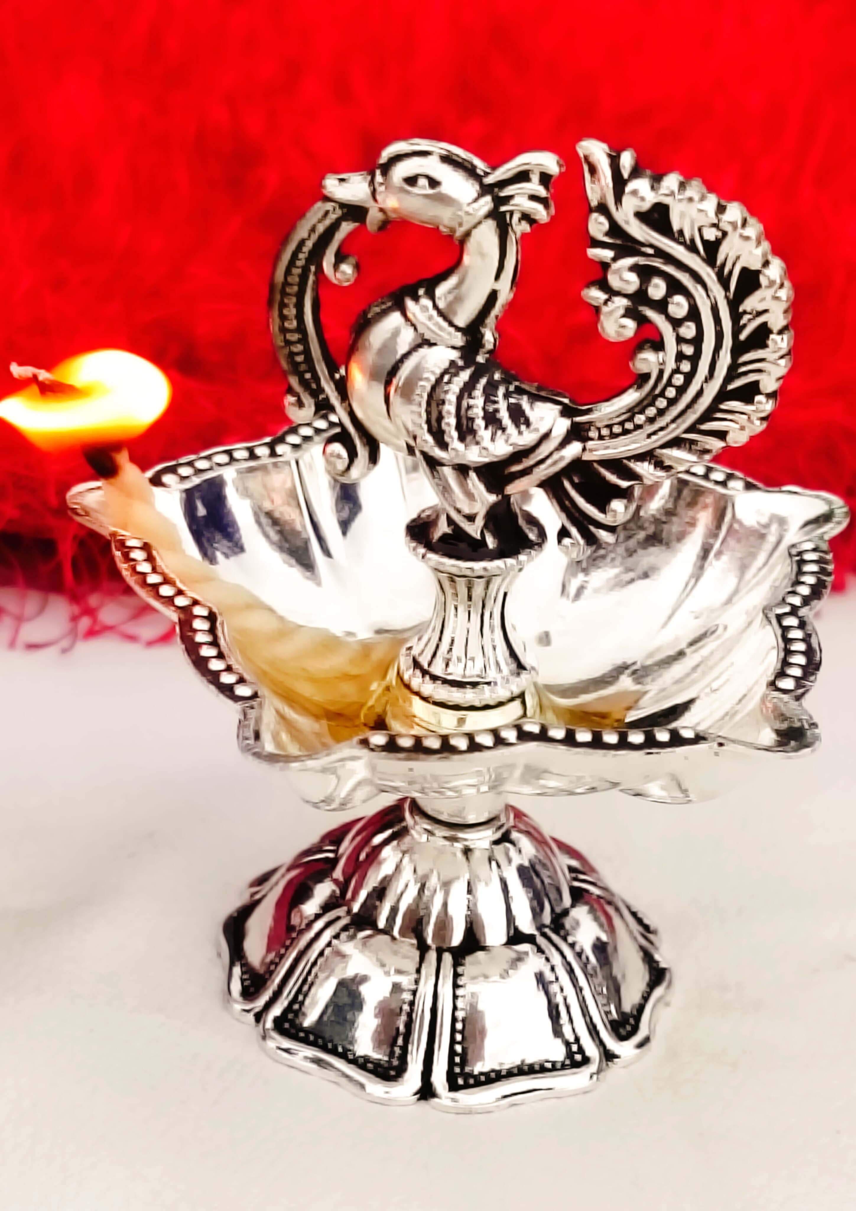 Antique German Silver Daily use panchmukhi Peacock Diya, Set of 2 Pieces